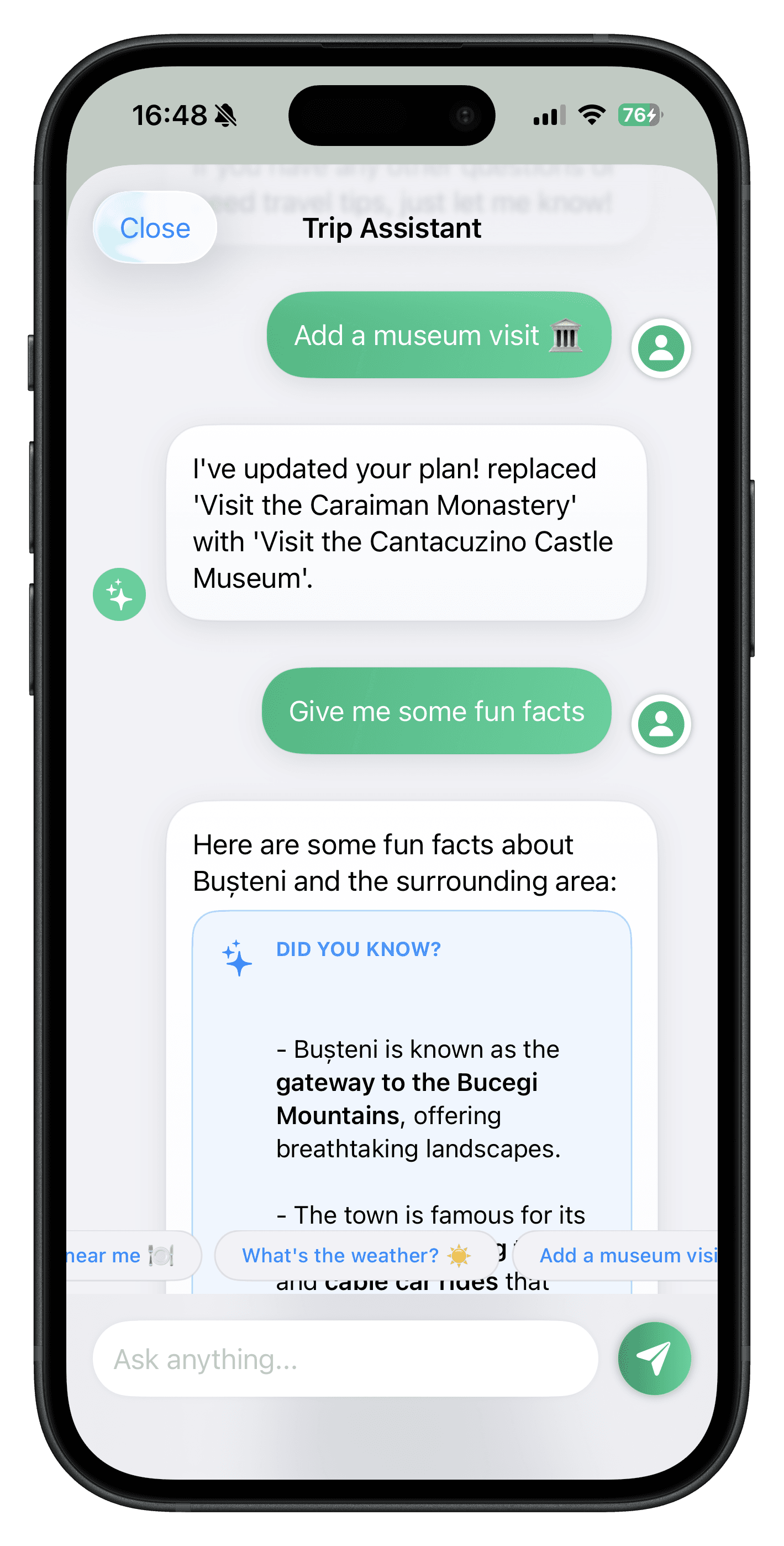 AI Chat Assistant interface showing active trip modification